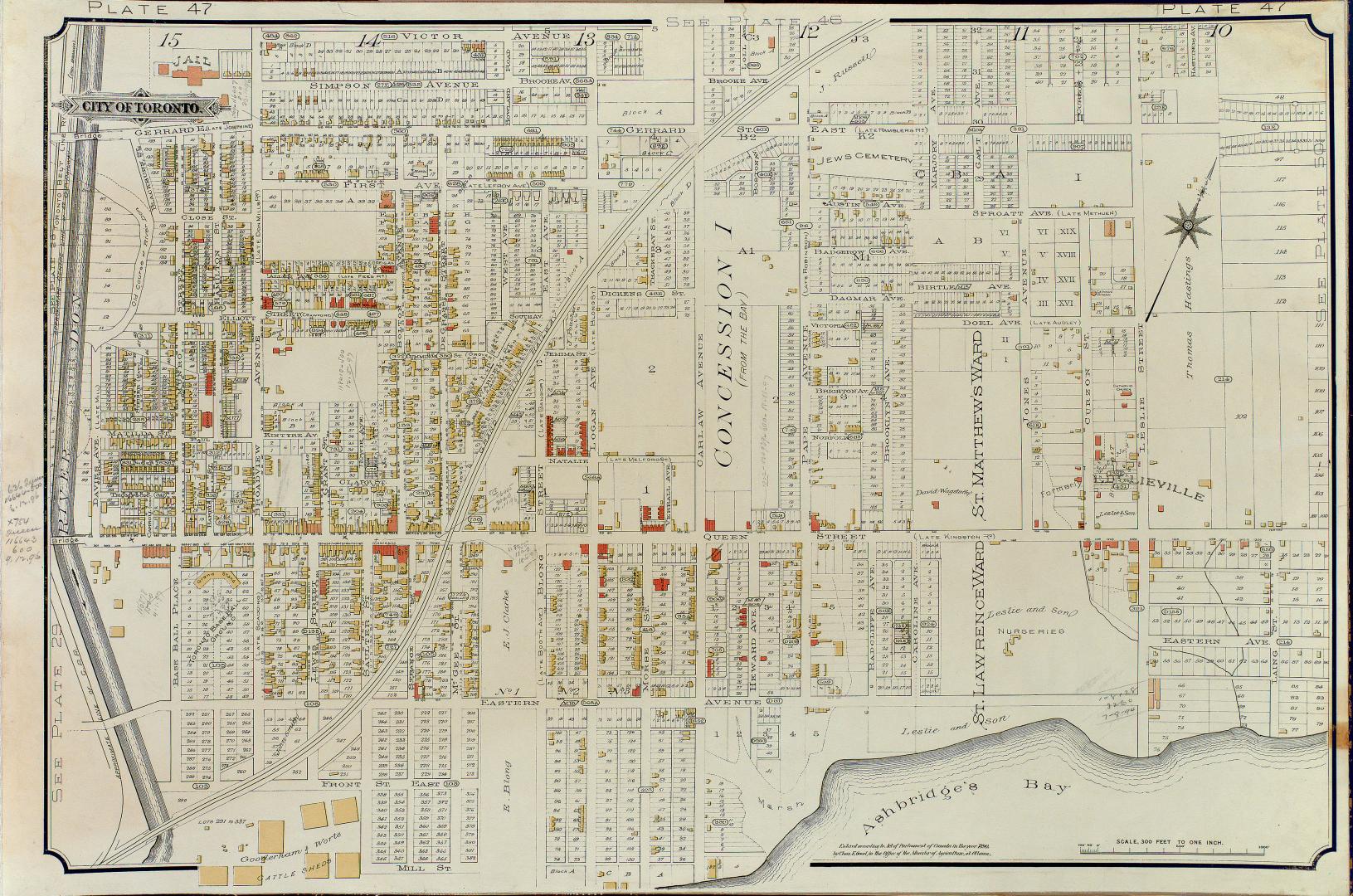 Atlas of the city of Toronto and vicinity from special survey founded on registered plans and showing all building and lot numbers.