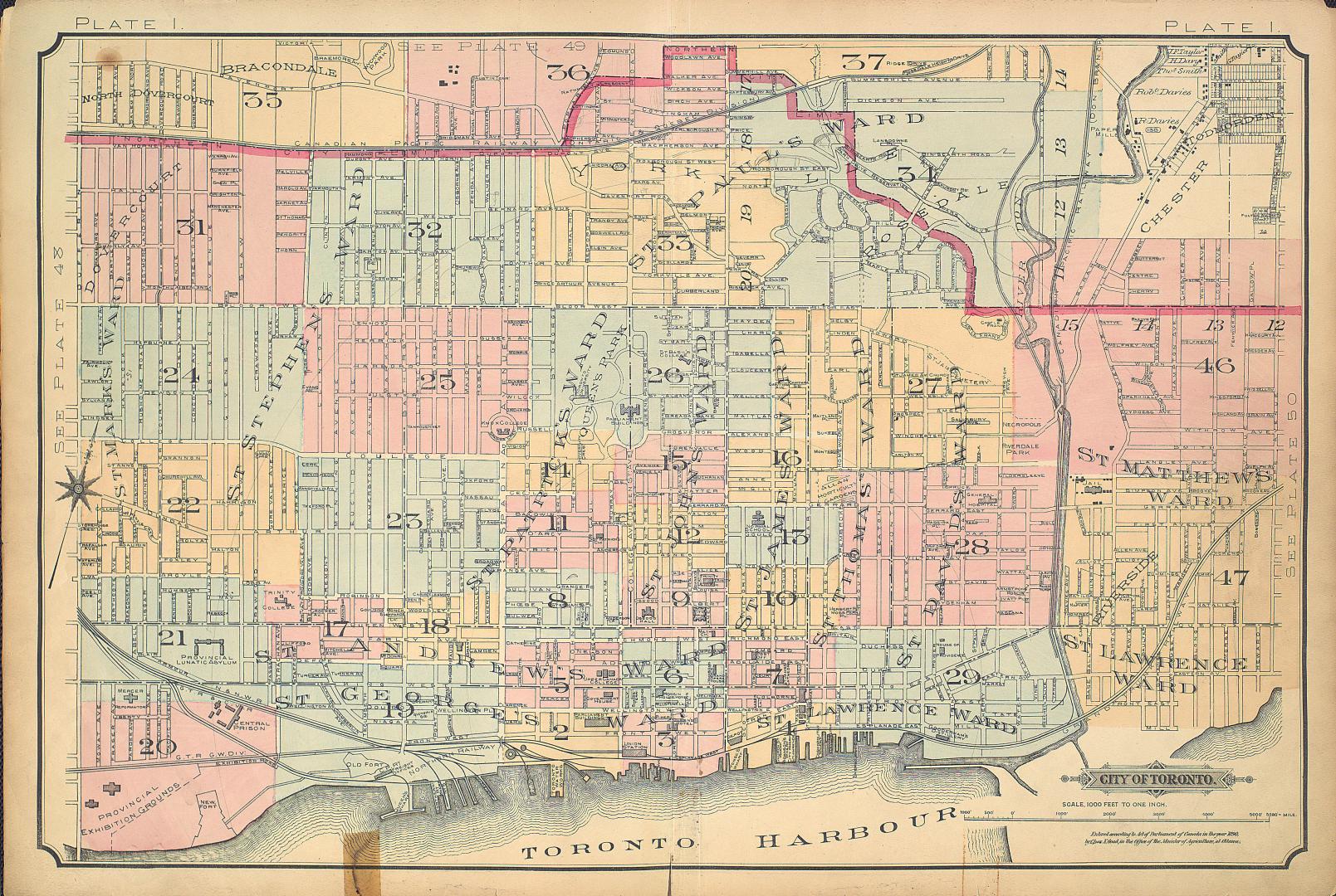 [Plate 1] Atlas of the city of Toronto and vicinity from special survey founded on registered plans and showing all building and lot numbers.