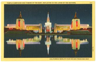 Temple compound and Towers of the East, reflected in the Lakes of the Nations, California World's Fair on San Francisco Bay 1939