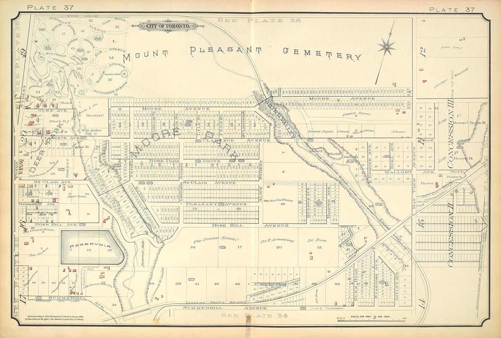 Image shows a map of some areas south and west from the Mount Pleasant Cemetery.