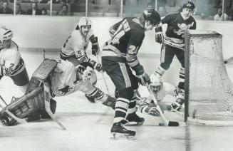 A Sure Goal? That would appear to be the case as Minnesota Saints' Paul Holmgren (24) has puck right in Toros' goal crease in last night's WHA game at(...)