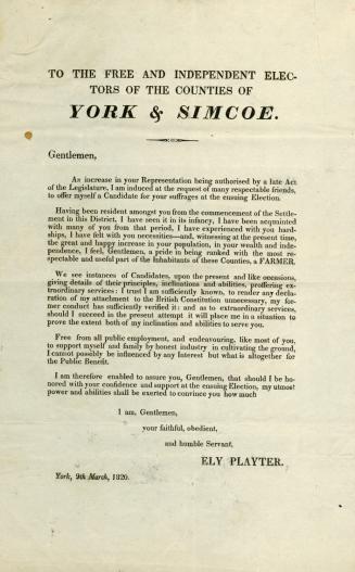 To the free and independent electors of the counties of York & Simcoe