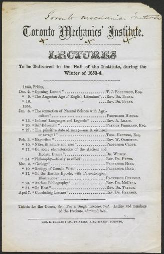 Toronto Mechanics' Institute : lectures to be delivered in the hall of the Institute during the winter of 1853-4