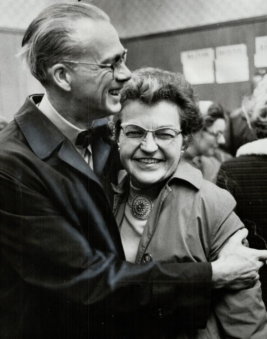 Hazel McCallion, who became first woman mayor of Streetsville after winning Saturday's election, gets victory hug from husband Sam. I suppose that I'm(...)