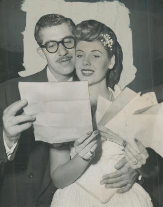 Marriage of Marie (The Body) McDonald and Harry Karl, shoe magnate, shown here following the wedding in Hollywood, brought many telegrams from well-wishers