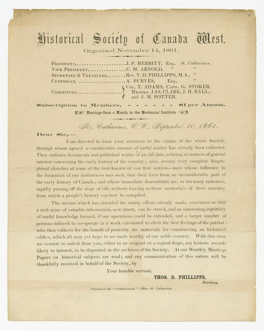 Historical Society of Canada West, organized November 14, 1861