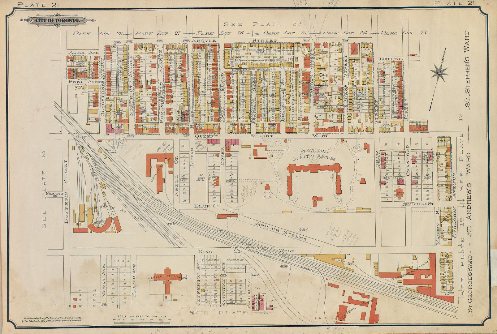 Atlas of the city of Toronto and vicinity from special survey founded on registered plans and showing all building and lot numbers.