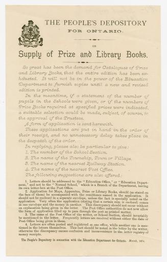 The People's Depository for Ontario, on supply of prize and library books