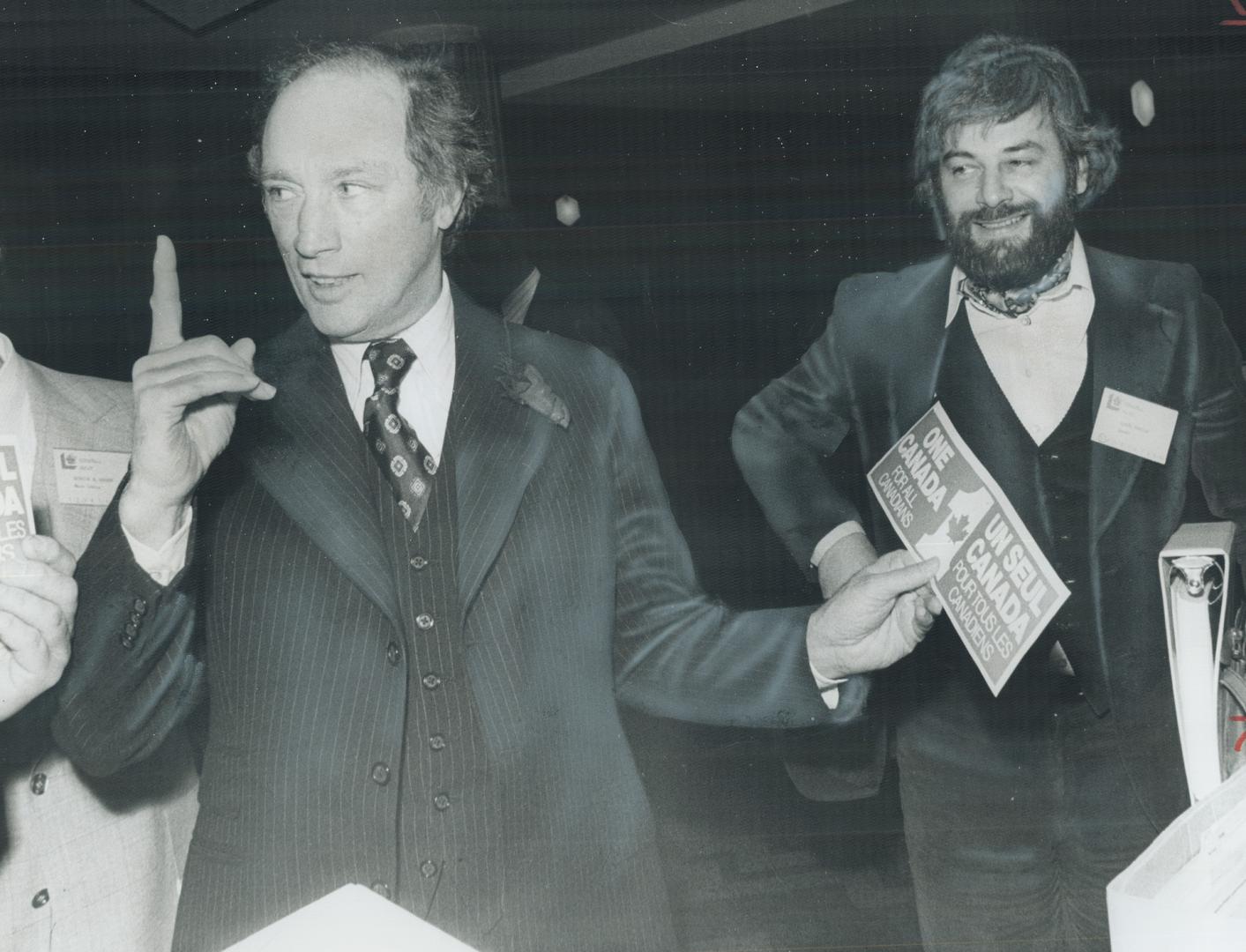 Bumper of Levesque's car is no doubt one place Prime Minister Pierre Trudeau would like to put this sticker bearing message One Canada for all Canadia(...)