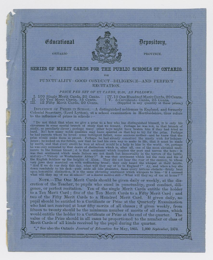 Educational Depository, Ontario province : series of merit cards for the public schools of Ontario for punctuality, good conduct, diligence and perfect recitation