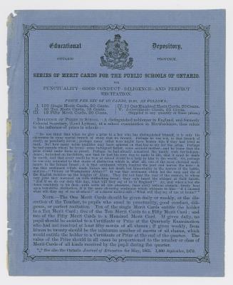 Educational Depository, Ontario province : series of merit cards for the public schools of Ontario for punctuality, good conduct, diligence and perfect recitation