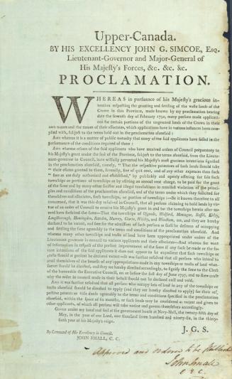 Upper Canada. By His Excellency John G. Simcoe, Esq. Lieutenant-Governor and Major-General of His Majesty's Forces, &c, &c, &c. Proclamation
