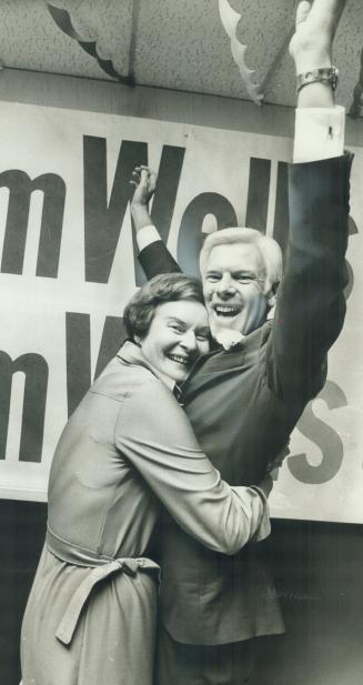 His fifth victory in Scarborough North, which he has held since 1963, is celebrated by Tom Wells and his wife, Audrey, last night