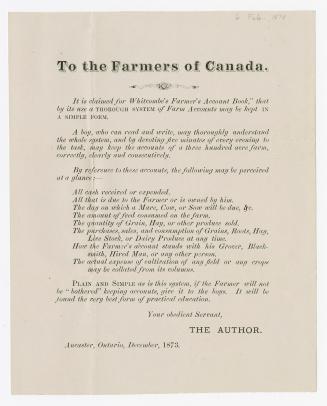 To the farmers of Canada : it is claimed for Whitcombe's Farmer's Account Book, that by its use a thorough system of farm accounts may be kept in a simple form