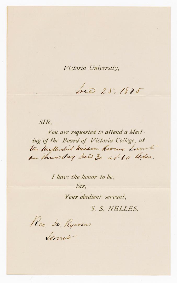 [Letter] Victoria University ... you are requested to attend a meeting of the board of Victoria College ...