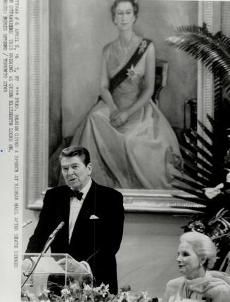 President Reagan give a speech at Rideau hall after state dinner