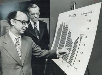 Charting inflation and trying to curb its growth is one of main tasks of Anti-Inflation Board but chairman Harold Renouf (left), examining graphs with(...)