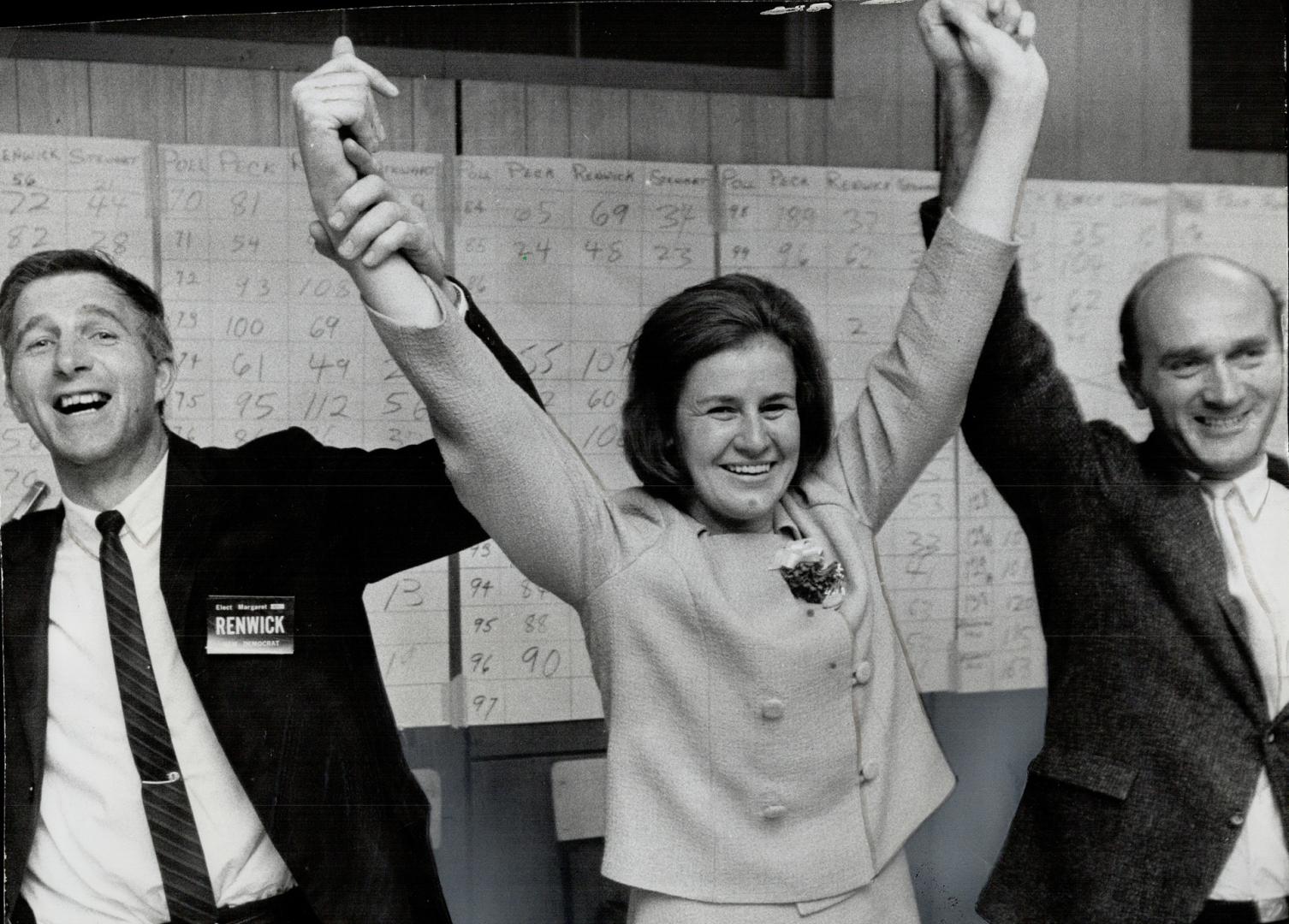 Victory signal goes up at the campaign headquarters of Mrs