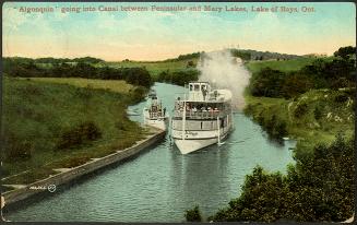 ''Algonquin'' going into Canal between Peninsular and Mary Lakes, Lake of Bays, Ontario