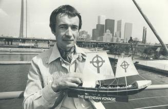 British author Tim Severin with a model of a leather boat, named for Brendan the Bold, he sailed 4,000 miles across the Atlantic