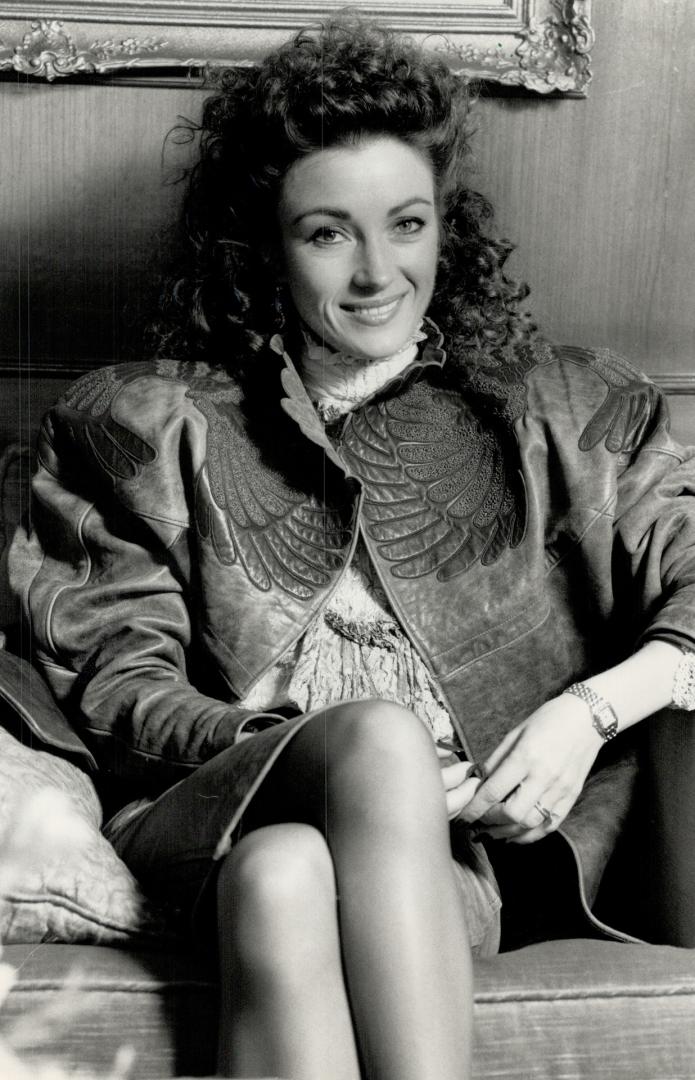 Changing Look: Actress Jane Seymour wears a brown leather dolman-sleeve suit  by Jean Claude Jitrois – All Items – Digital Archive Ontario
