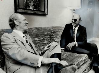 Moshe Dayan visits metro. After a private breakfast, External Affairs Minister Mitchell Sharp talks with Moshe Dayan, the former Israeli Defence Minis(...)