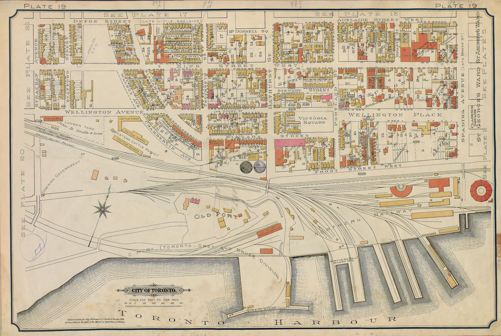 Atlas of the city of Toronto and vicinity from special survey founded on registered plans and showing all building and lot numbers.