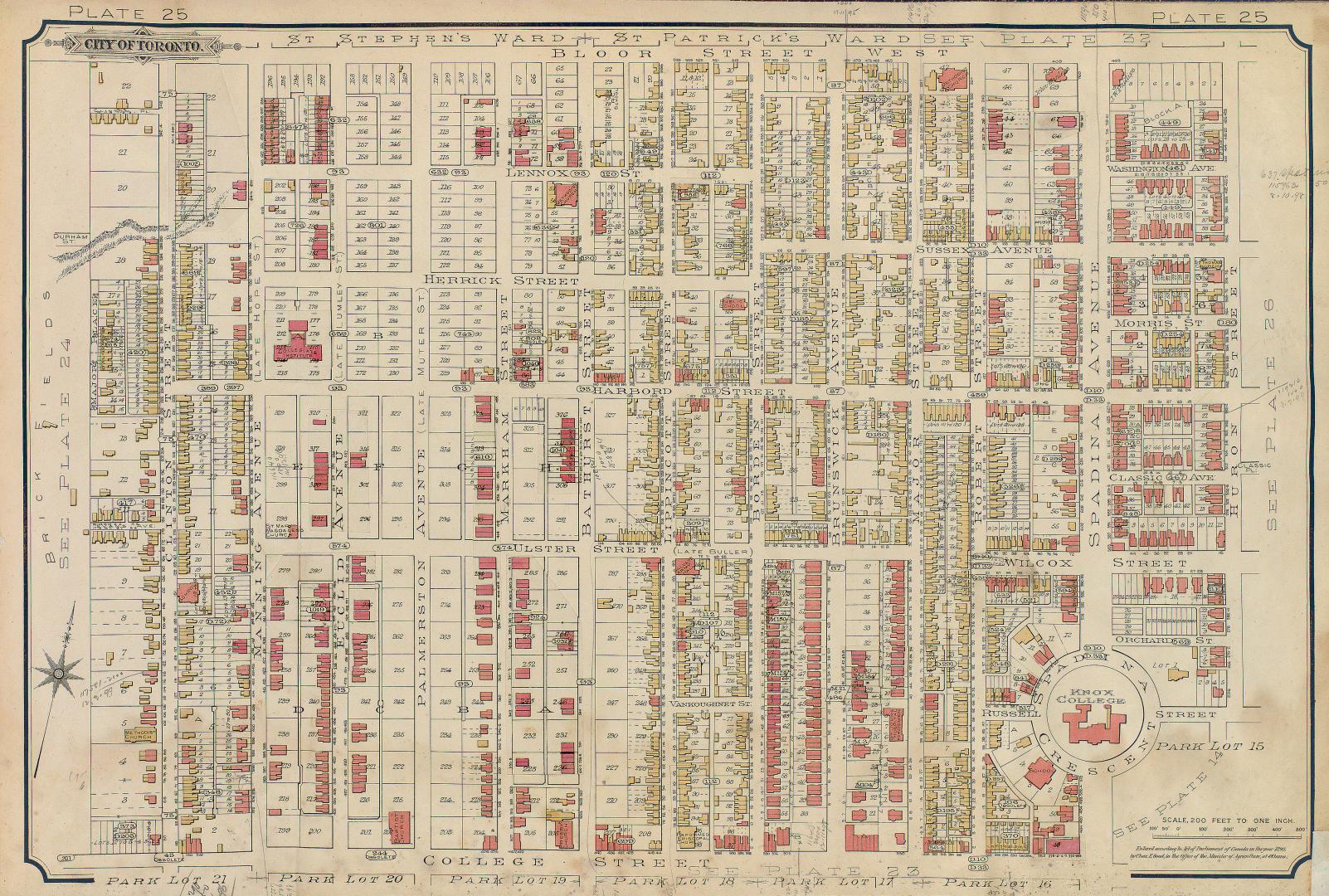 Atlas of the city of Toronto and vicinity from special survey founded on registered plans and showing all building and lot numbers.