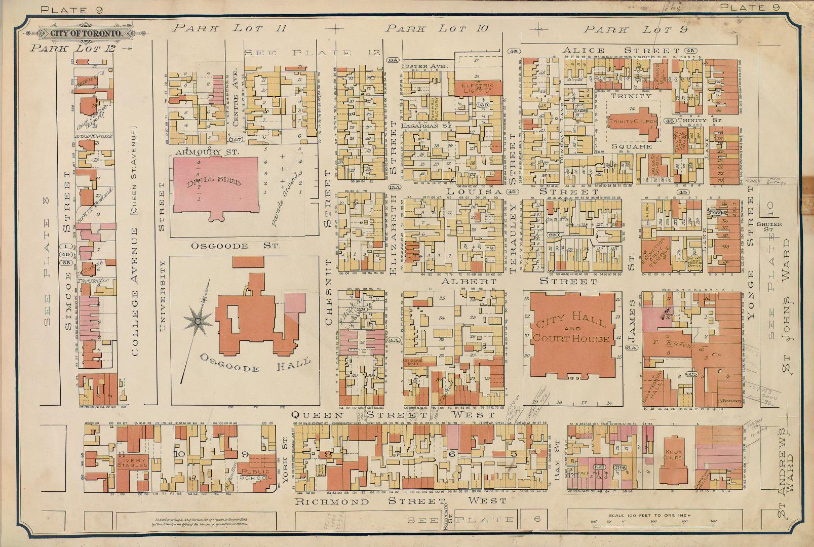 Atlas of the city of Toronto and vicinity from special survey founded on registered plans and showing all building and lot numbers.