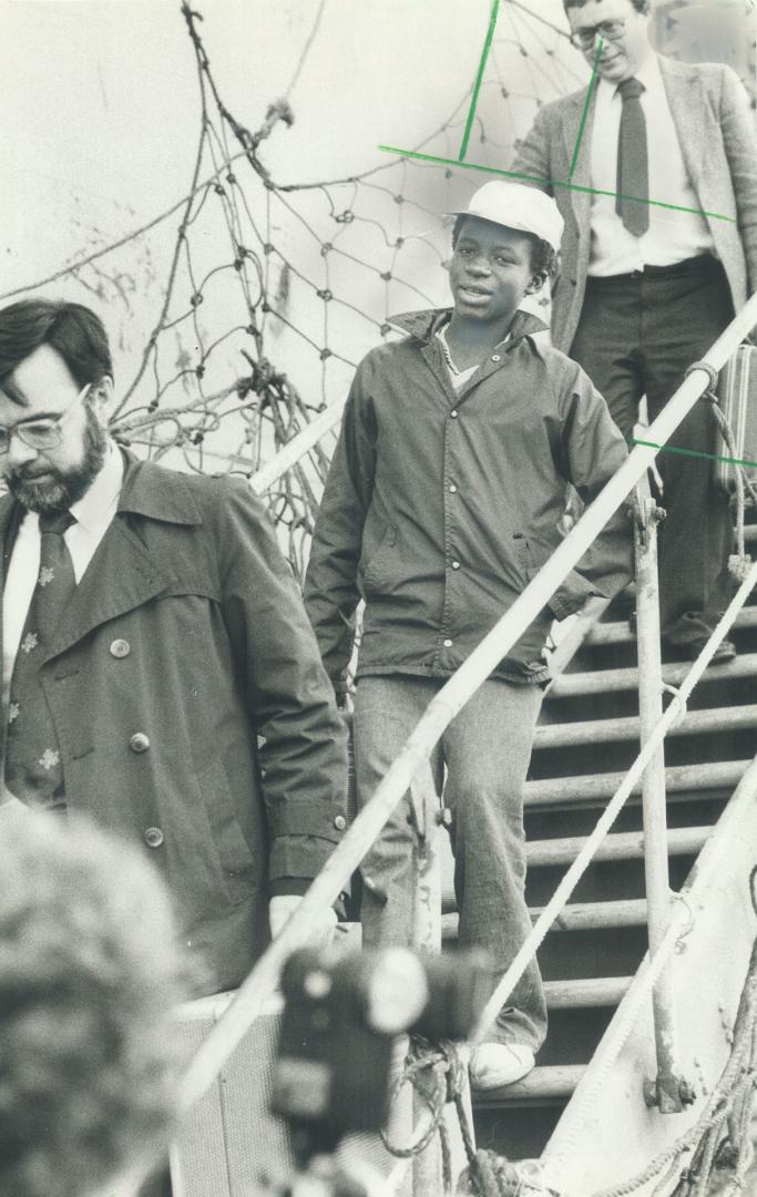 Stowaway: Selson Camara, 16, steps off the freighter Yeral after four months as a stowaway. He wanted to escape poverty in his native Guinea, but was refused entry to five countries.