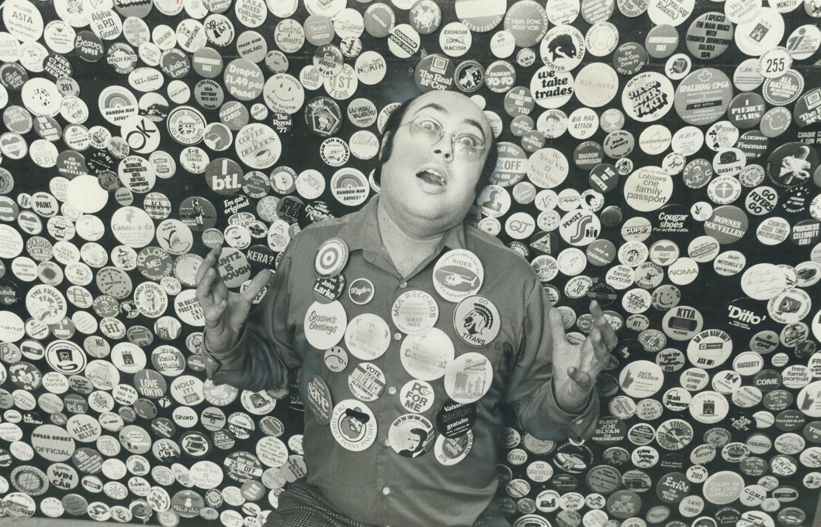 Button king Hackman shows of the 500,000 he's produced for this election.