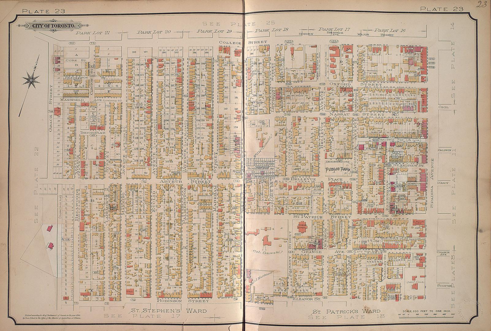 Atlas of the city of Toronto and vicinity from special survey founded on registered plans and showing all building and lot numbers.