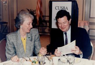 Table talk: Madeleine Kunin, governor of Vermont, chats with David McFadden, president of the Canada-U.S. Business Association, at meeting yesterday.