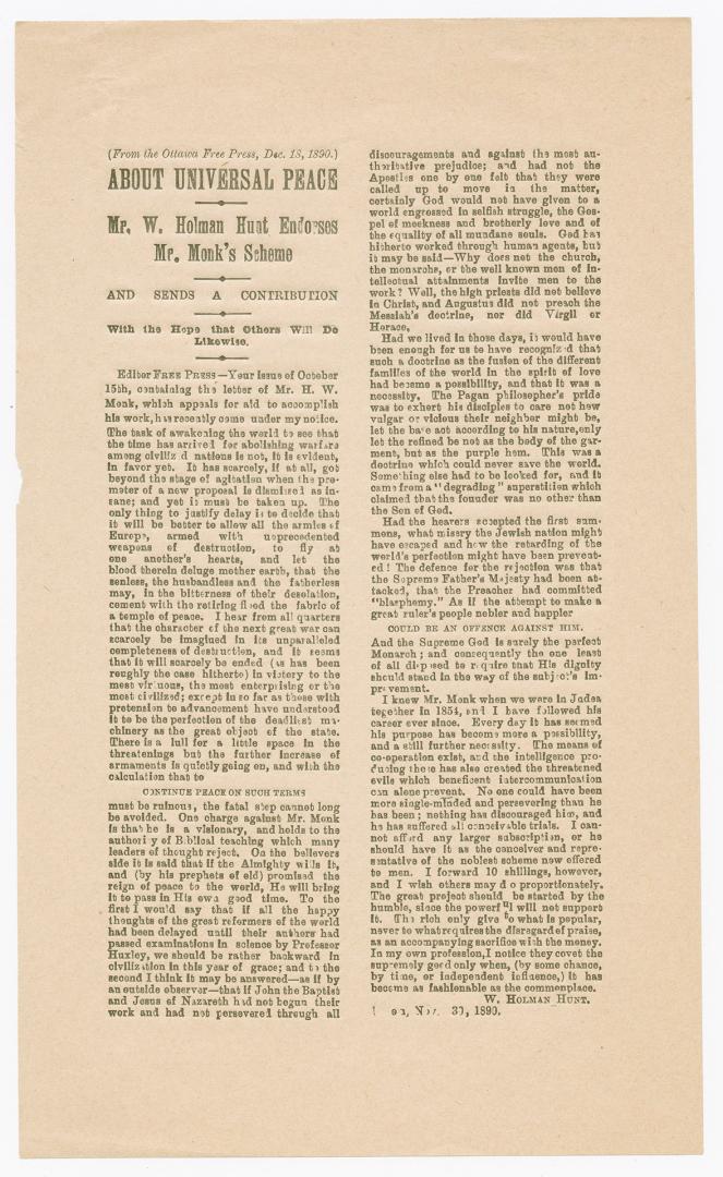 About universal peace : Mr. W. Holman Hunt endorses Mr. Monk's scheme and sends a contribution with the hope that others will do likewise