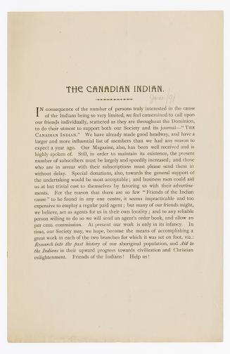 The Canadian Indian : in consequence of the number of persons truly interested in the cause of the Indians being so very limited, we feel constrained to call upon our friends ... to support both our society and its journal