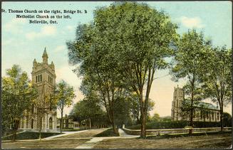 St. Thomas Church on the right, Bridge St. & Methodist Church on the left, Belleville, Ontario