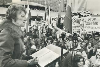 Anti-Soviet rally: External Affairs Minister Flora MacDonald addresses crowd at City Hall square last weekend protesting Soviet aggression