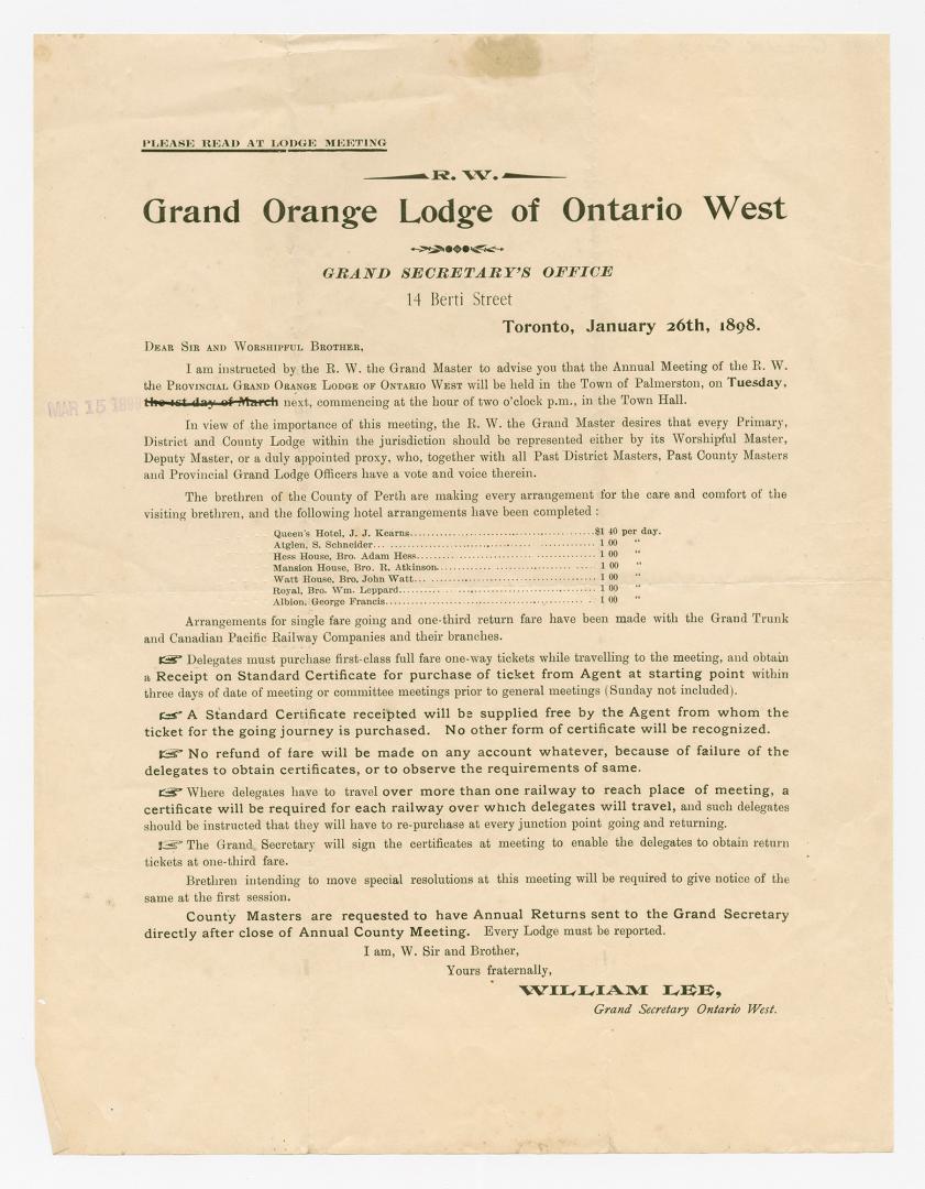 Grand Orange Lodge of Ontario West ... I am instructed by the R.W. the Grand Master to advise you that the annual meeting of the R.W. the provincial Grand Orange Lodge of Ontario West will be held in the town of Palmerston