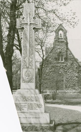 Memorial cross on the grounds of St. Paul's church, Hamilton, with the chapel in background