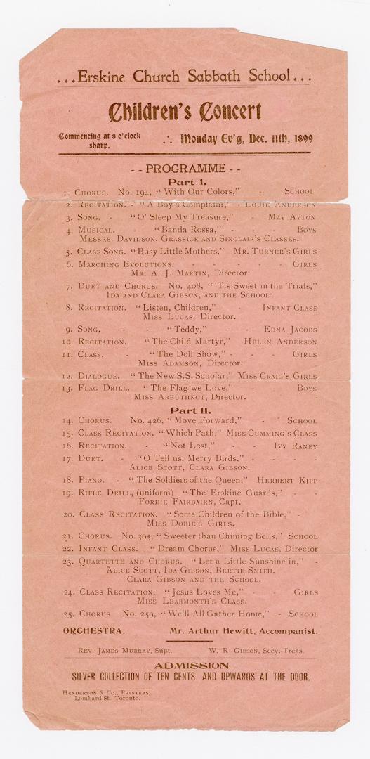 Erskine Church Sabbath School : children's concert, commencing at 8 o'clock sharp, Monday ev'g, Dec. 11th, 1899, : programme
