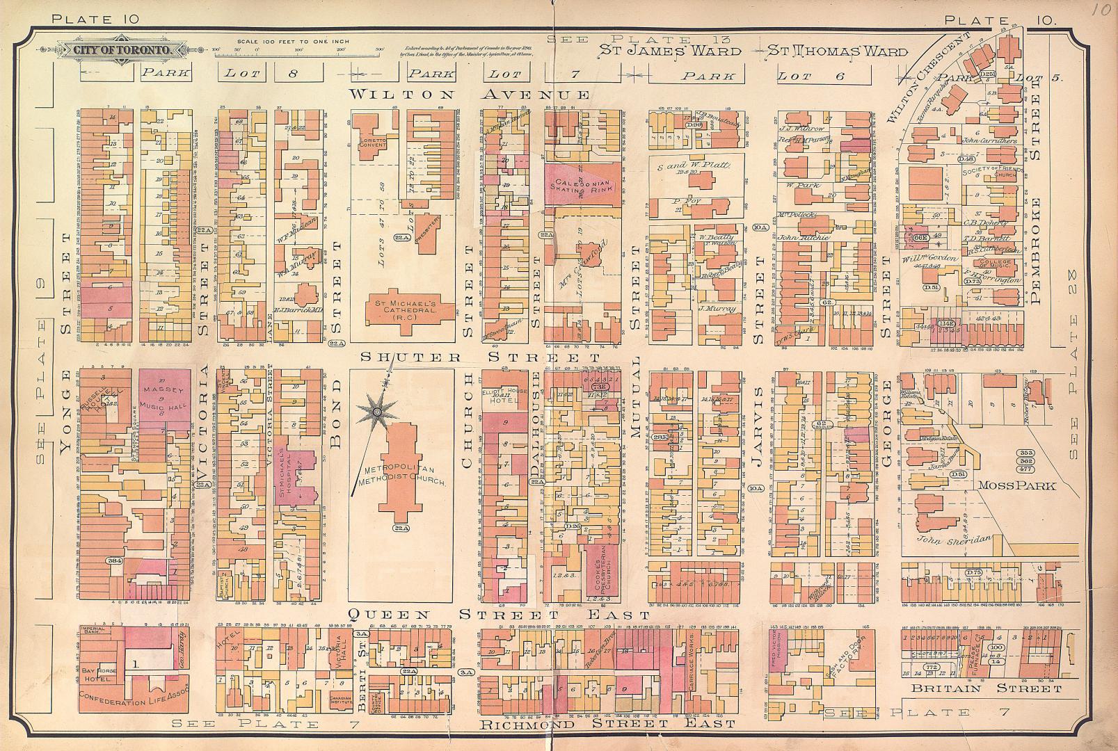 Atlas of the city of Toronto and vicinity from special survey founded on registered plans and showing all building and lot numbers.