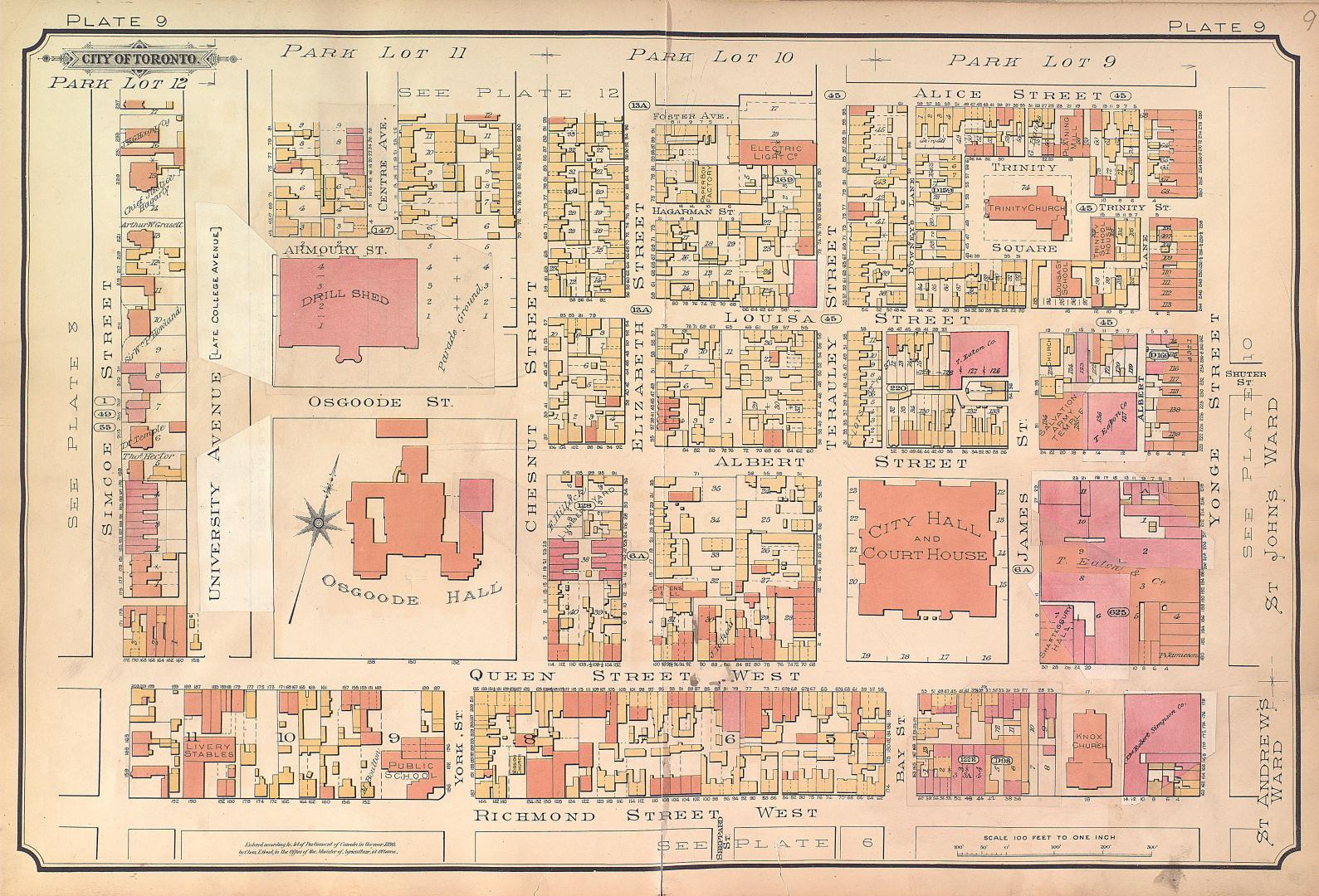 Atlas of the city of Toronto and vicinity from special survey founded on registered plans and showing all building and lot numbers.