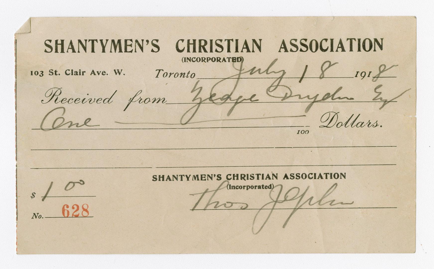 Image shows a receipt from Shantymen's Christian Association (Incorporated). 
