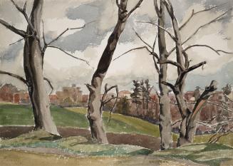 Image shows a watercolor painting of Chatsworth Ravine Park, Toronto, Ontario. There some trees ...
