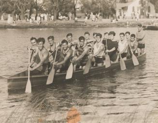 Balmy Beach Canoe Club war canoe team, Canadian Canoe Association championship regatta, Lake Ramsay, Sudbury, Ontario, August 1936.