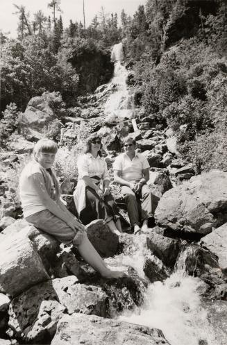 The Leaman Burch family in front Black Bear Falls. Agawa Canyon, Ontario