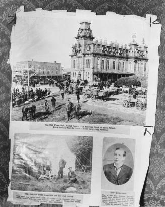 Clippings of the Old Town Hall, boys camping at Big Bay Point, and Jim Edmanson, Barrie, Ontario