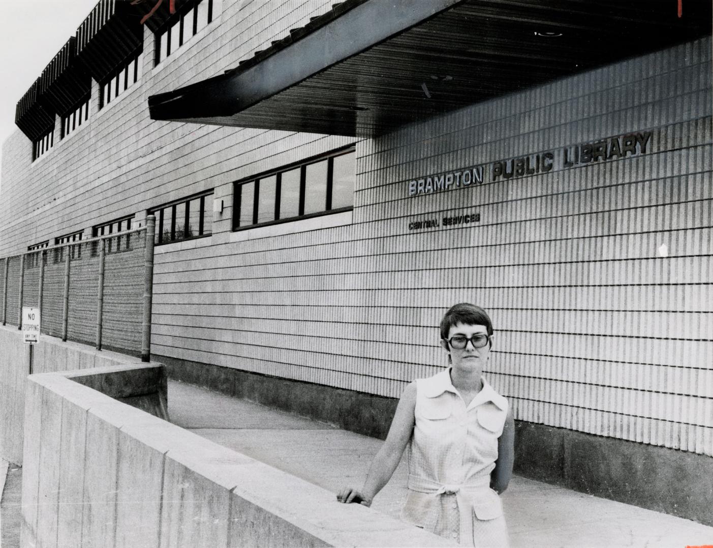 Library director Judith Ruan in front of Brampton Public Library, Central Services. Brampton, Ontario
