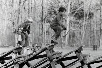 Kids running along stacked picnic tables. Bruce's Mill Conservation Area, Ontario