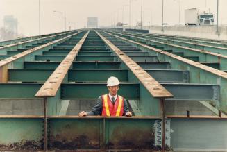 Engineer Jim Cullen surveys deck of the old Burlington Skyway. Burlington, Ontario